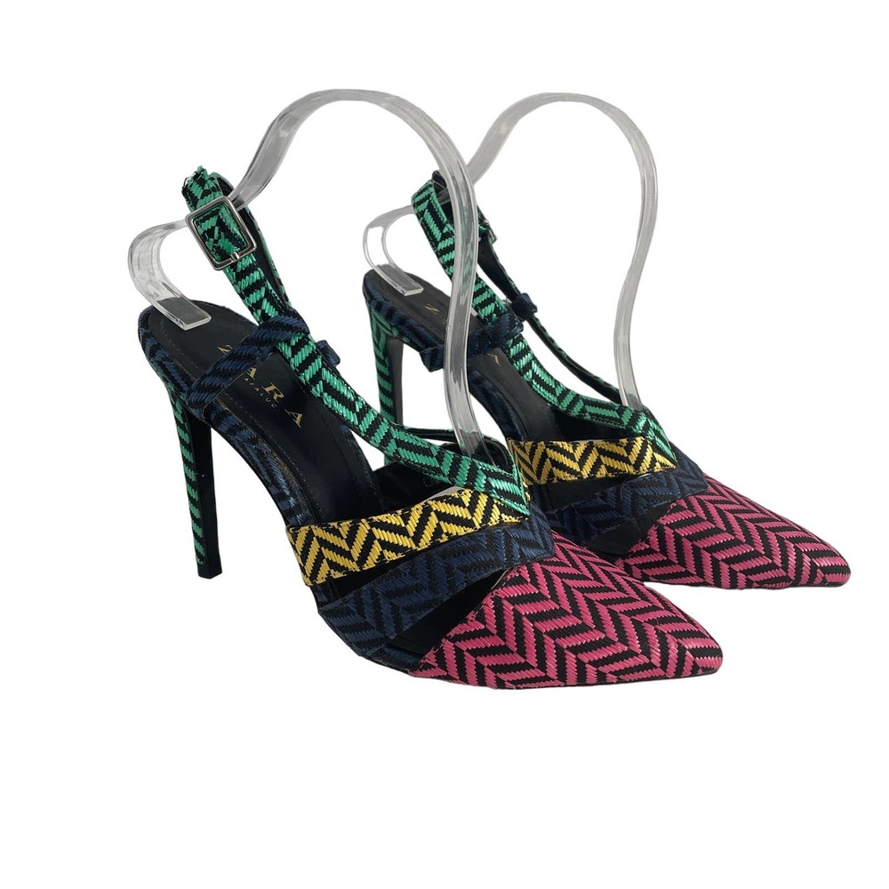 Zara Trafaluc Sz 9 Neon Herringbone Woven Knit Heel Stiletto Pointy Toe Colorful
